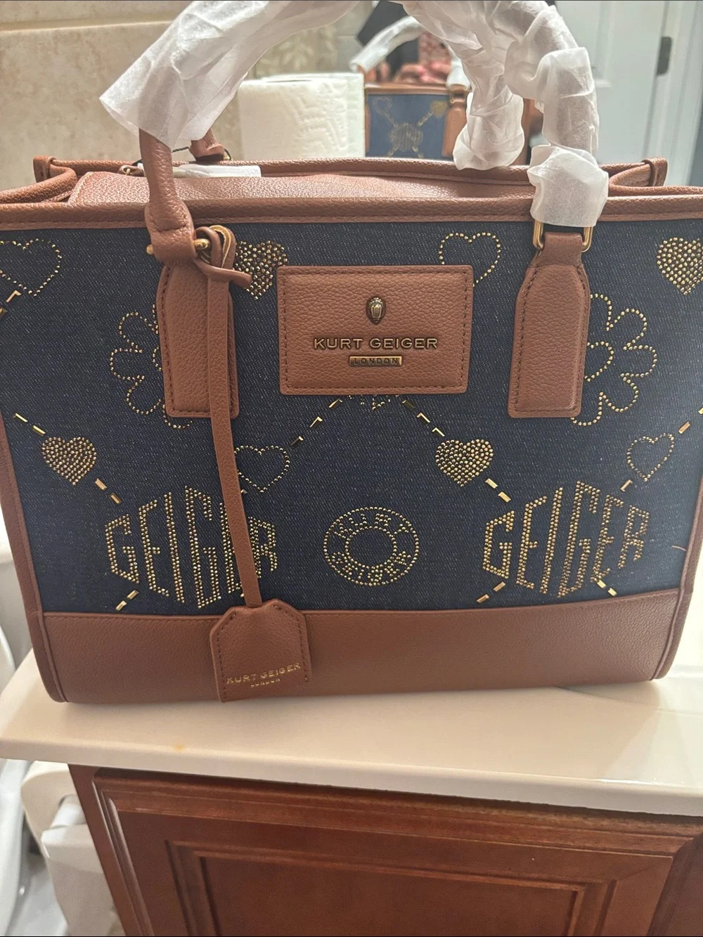 Kurt Geiger Navy Denim-Style Satchel with Tan Trim and Gold Studs